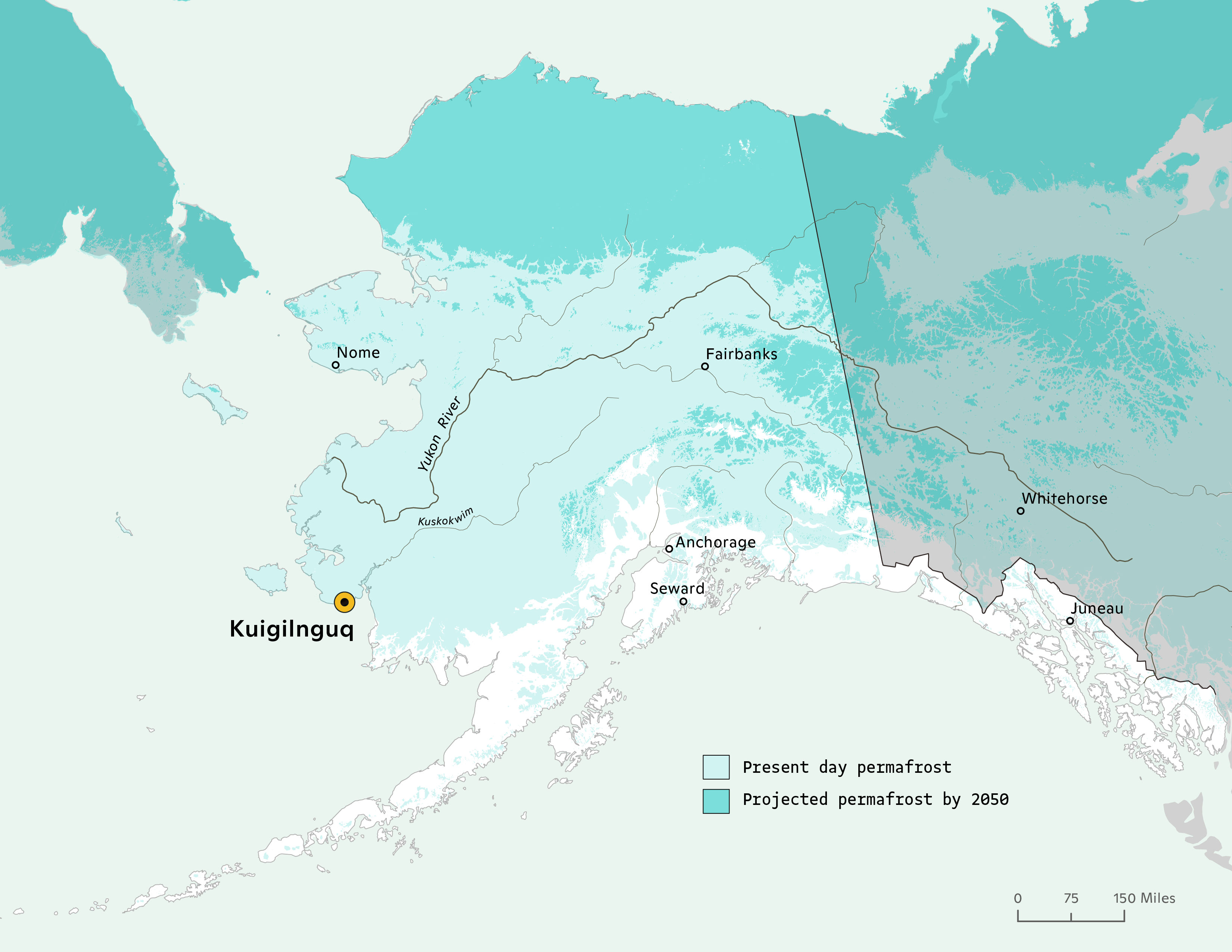 Light blue and green map of Alaska with the Native Village of Kuigilnguq highlighted in black text
