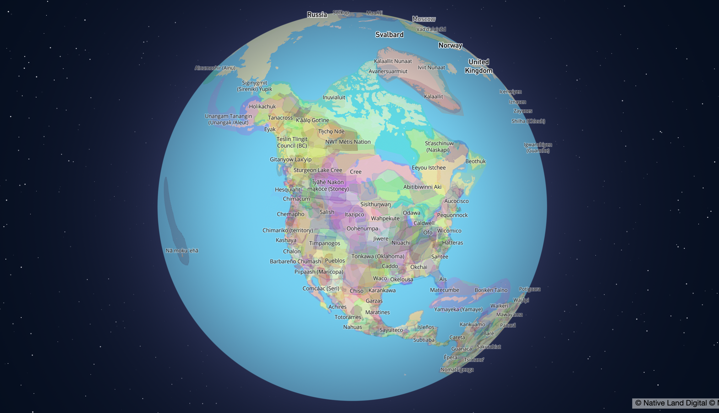 Digital rendering of Earth in space with various colors outlining Indigenous lands.