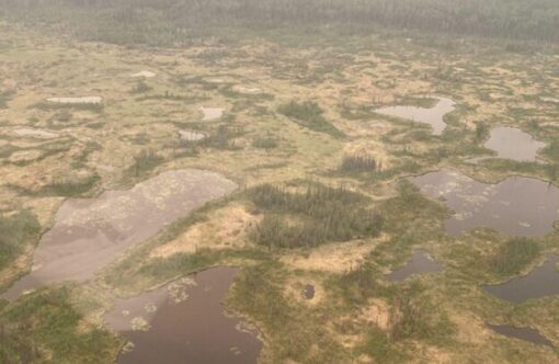 Photo of green, yellow, brown permafrost bogs shrouded in haze from a nearby fire.